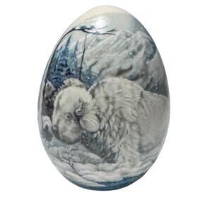 Vintage Hand Painted Wooden Egg Snowy Bison Mountain Scene 3 Inch Decorative Art